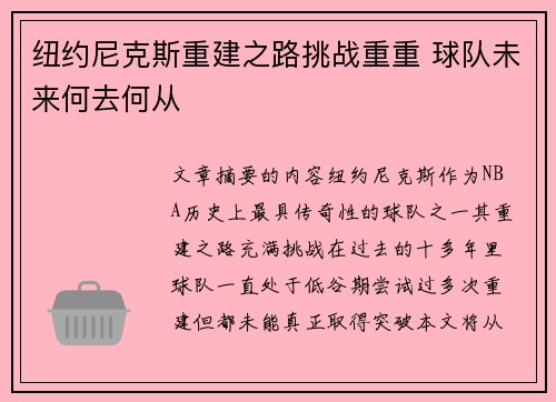 纽约尼克斯重建之路挑战重重 球队未来何去何从