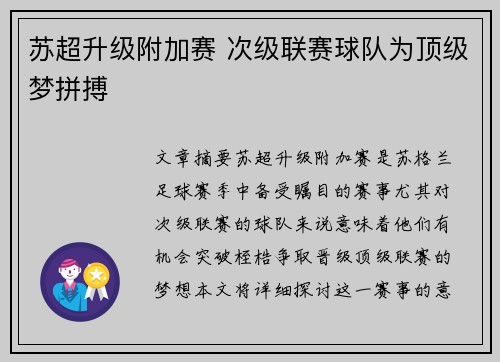苏超升级附加赛 次级联赛球队为顶级梦拼搏