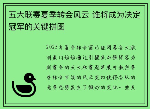 五大联赛夏季转会风云 谁将成为决定冠军的关键拼图